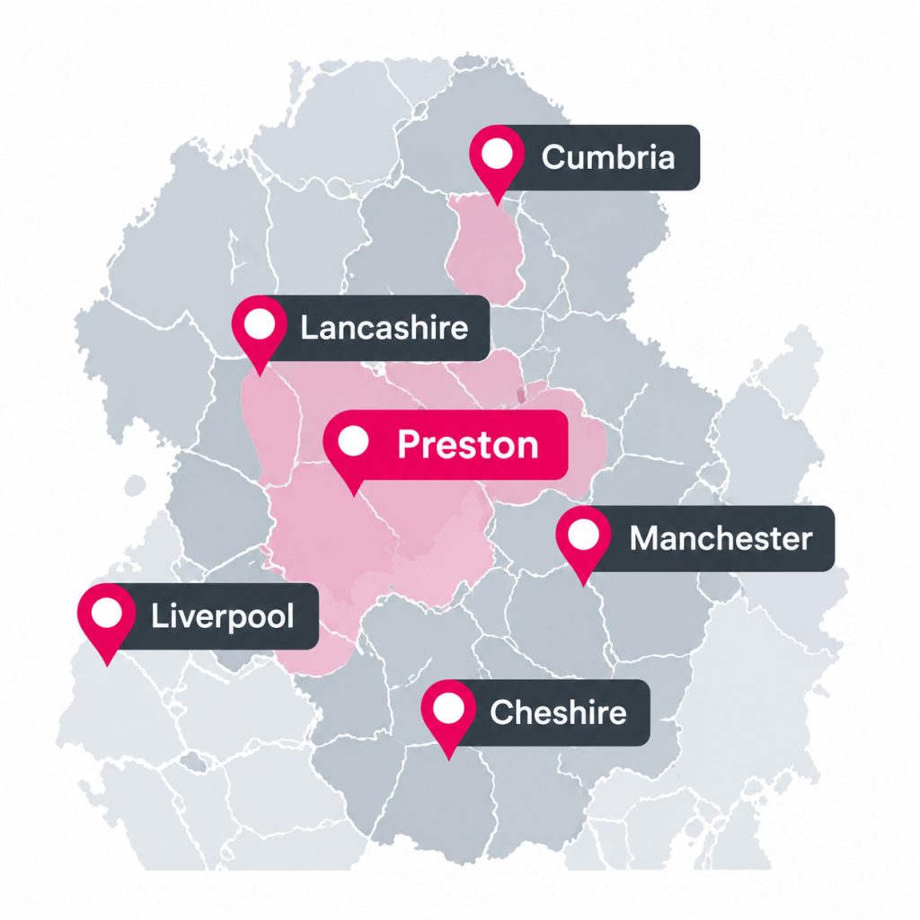 Map of areas covered: Preston, Lancashire, Manchester, Liverpool, Greater Manchester, Merseyside, Cheshire, Cumbria